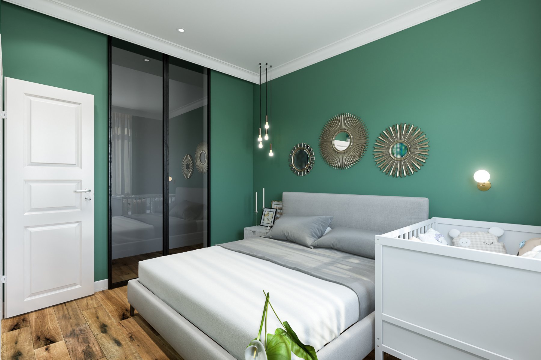 комната с зелеными стенами и белой мебелью
