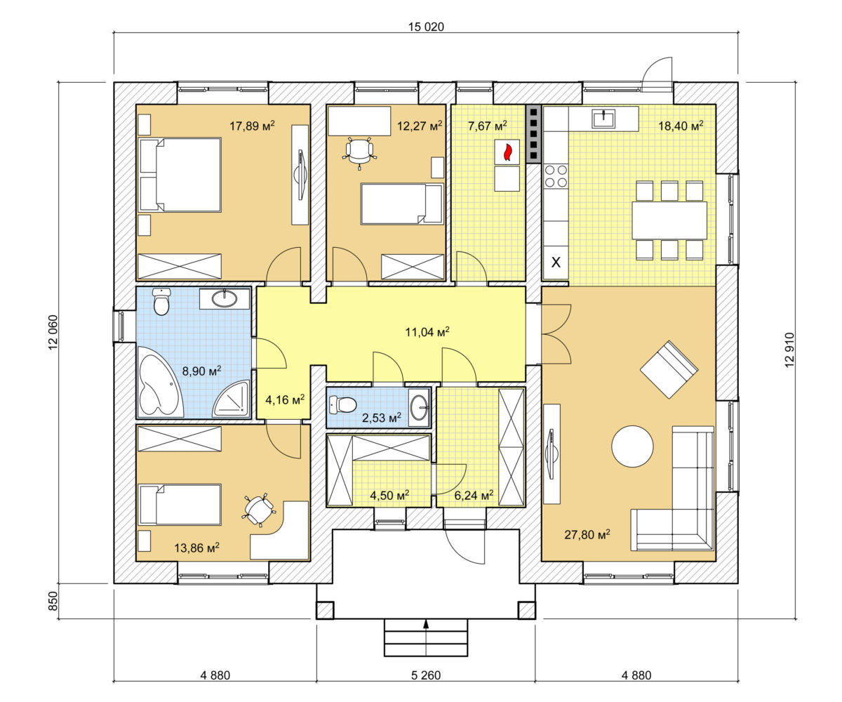 План дома одноэтажного с 3 спальнями гостиной и кухней с раздельным санузлом 100 квадратов фото
