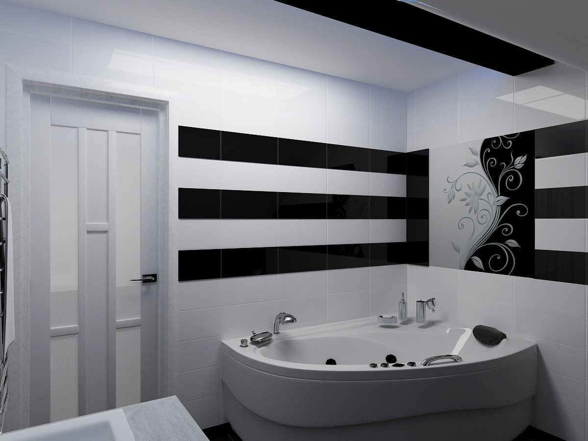 Черно белый цвет в ванной. Черно-белая ванная комната. Черно белая ванна. Ванная в черно белом стиле. Черно белая плитка в ванной.