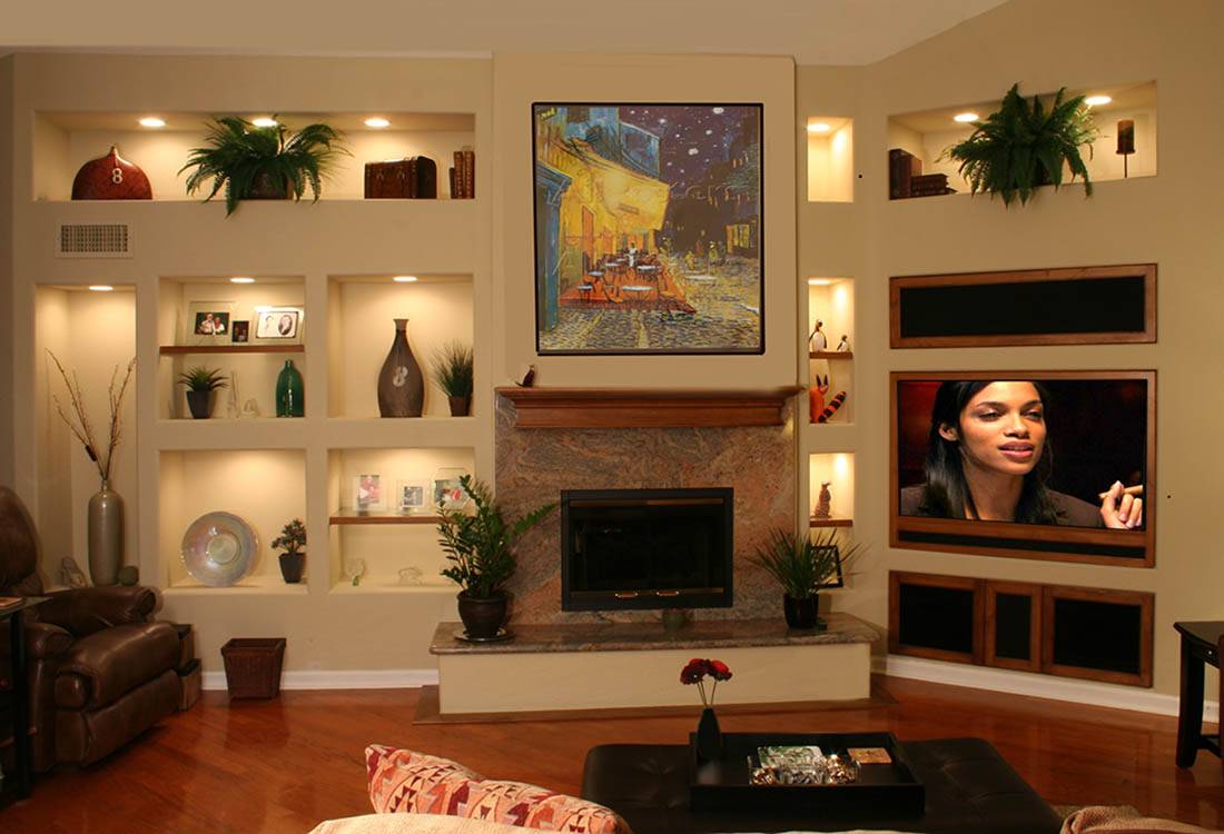 Декоративные стенки из гипсокартона под телевизор в зале своими руками: фото дизайна интерьера