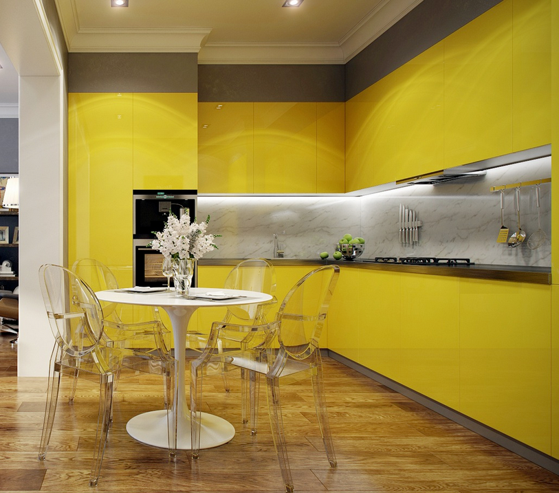 Желтые кухни. Кухня в желтом цвете. Модные кухни яркие. Желтая кухня в интерьере.