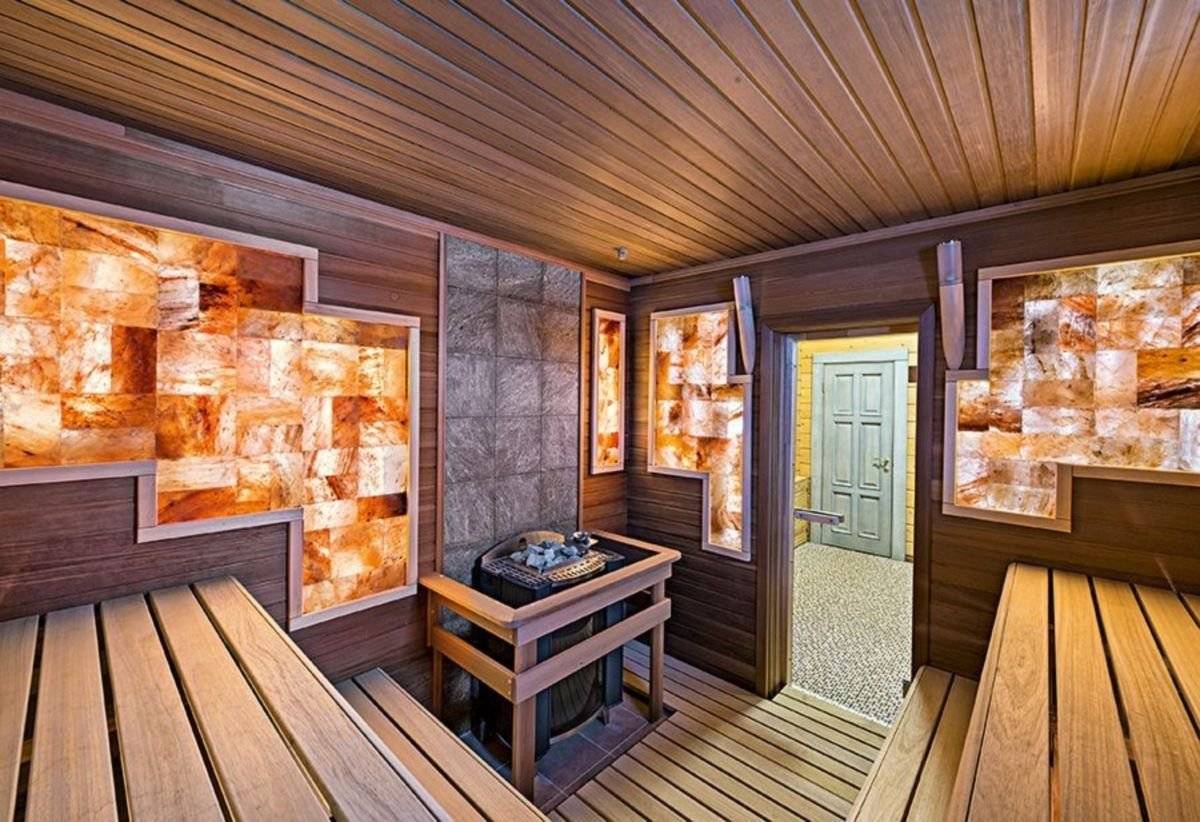 Интерьер бани с комнатой из клееного бруса