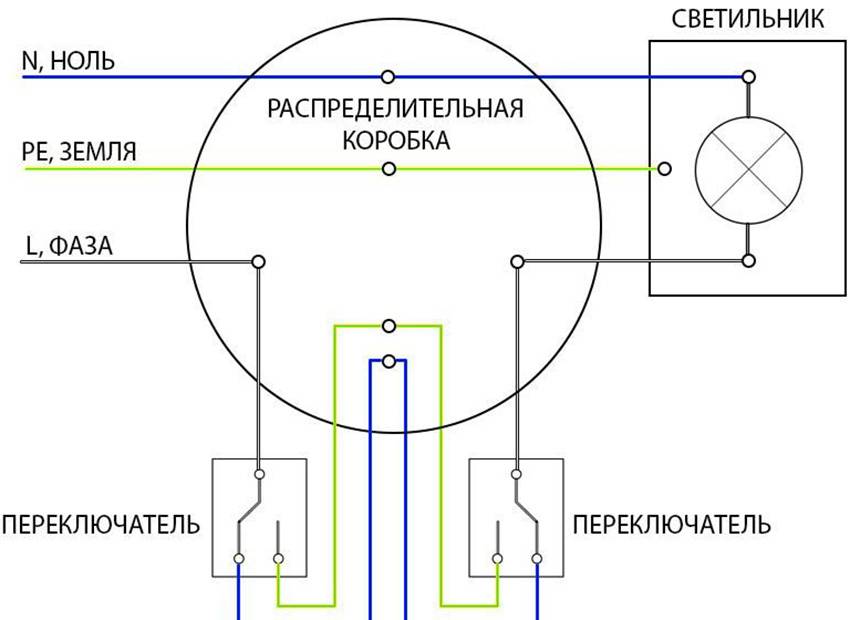 2 х клавишный проходной переключатель схема подключения