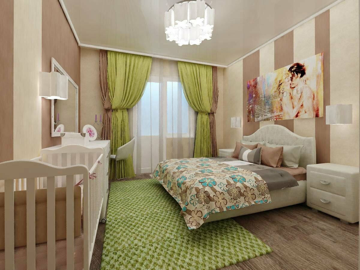 спальня с детской кроваткой и комодом