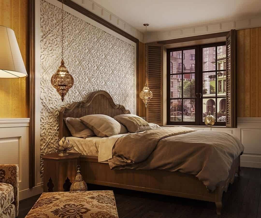 Спальня в восточном стиле: шторы, обои, мебель и декор