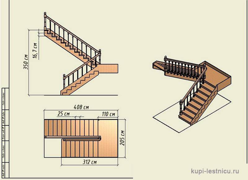 Расчет лестницы с поворотом на 90 и 180 градусов через забежные ступени