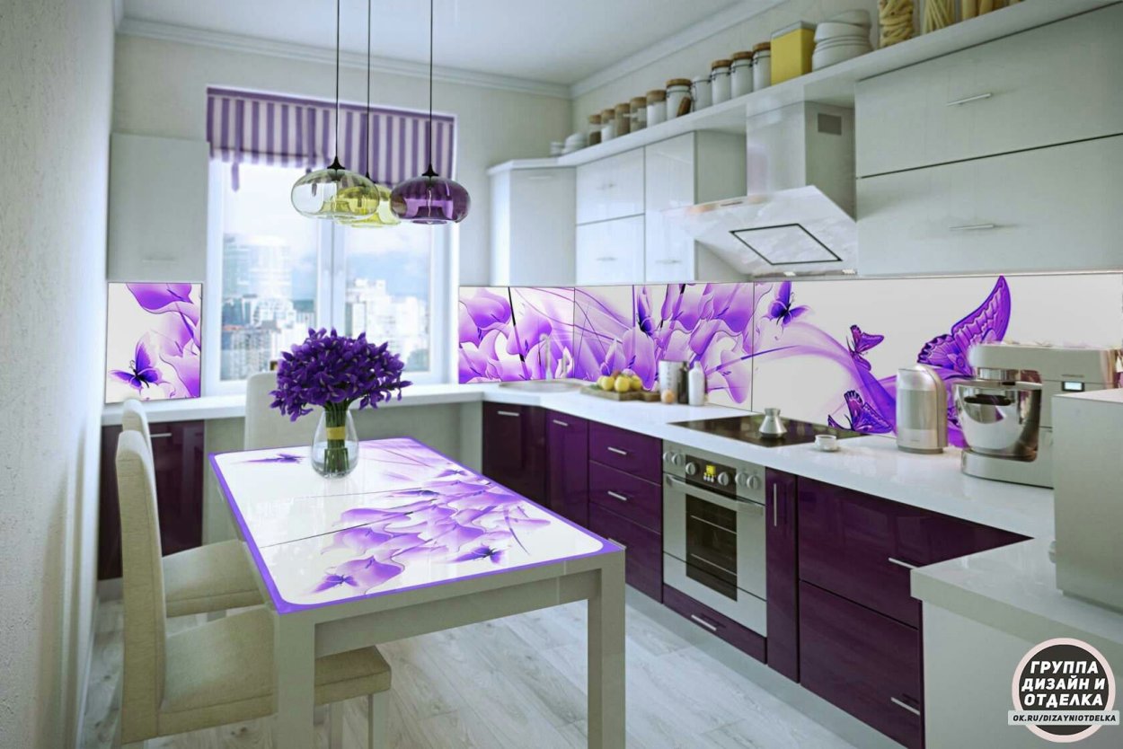 фиолетовый и желтый в интерьере кухни