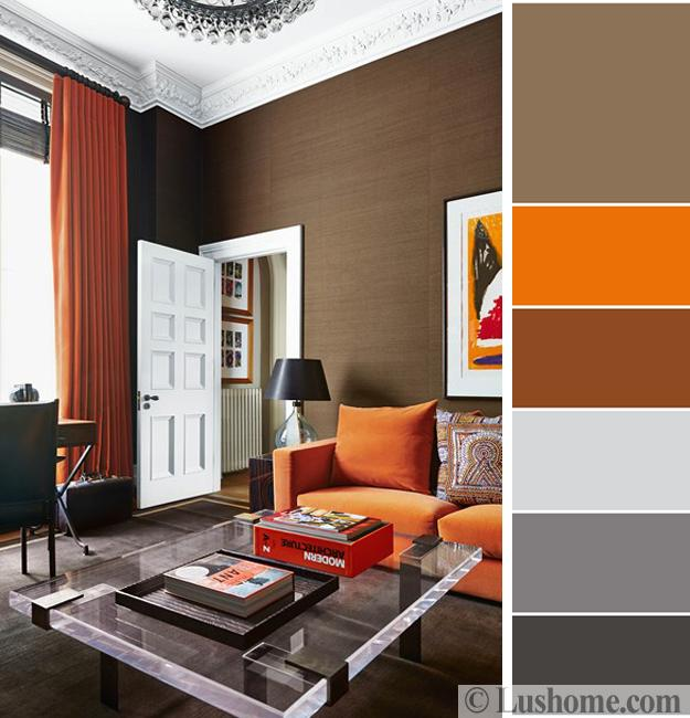 Сочетание цветов серого и коричневого. Цветовые сочетания в интерьере. Цветовая гамма в интерьере. Сочетание оранжевого в интерьере. Цветовая гамма для гостиной.