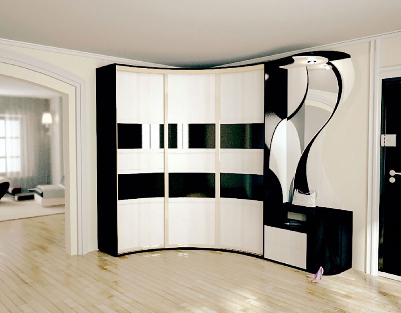 Встроенный угловой шкаф-купе в гостиную фото: дизайн в зале на всю стену, мебель распашная, интерьер комнаты