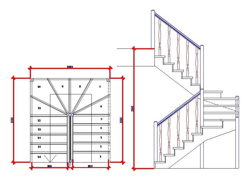 Расчет лестницы с поворотом на 90 и 180 градусов через забежные ступени