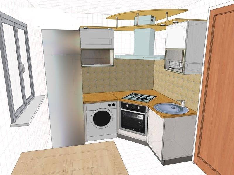 Дизайн интерьера маленькой кухни с холодильником и стиральной машиной
