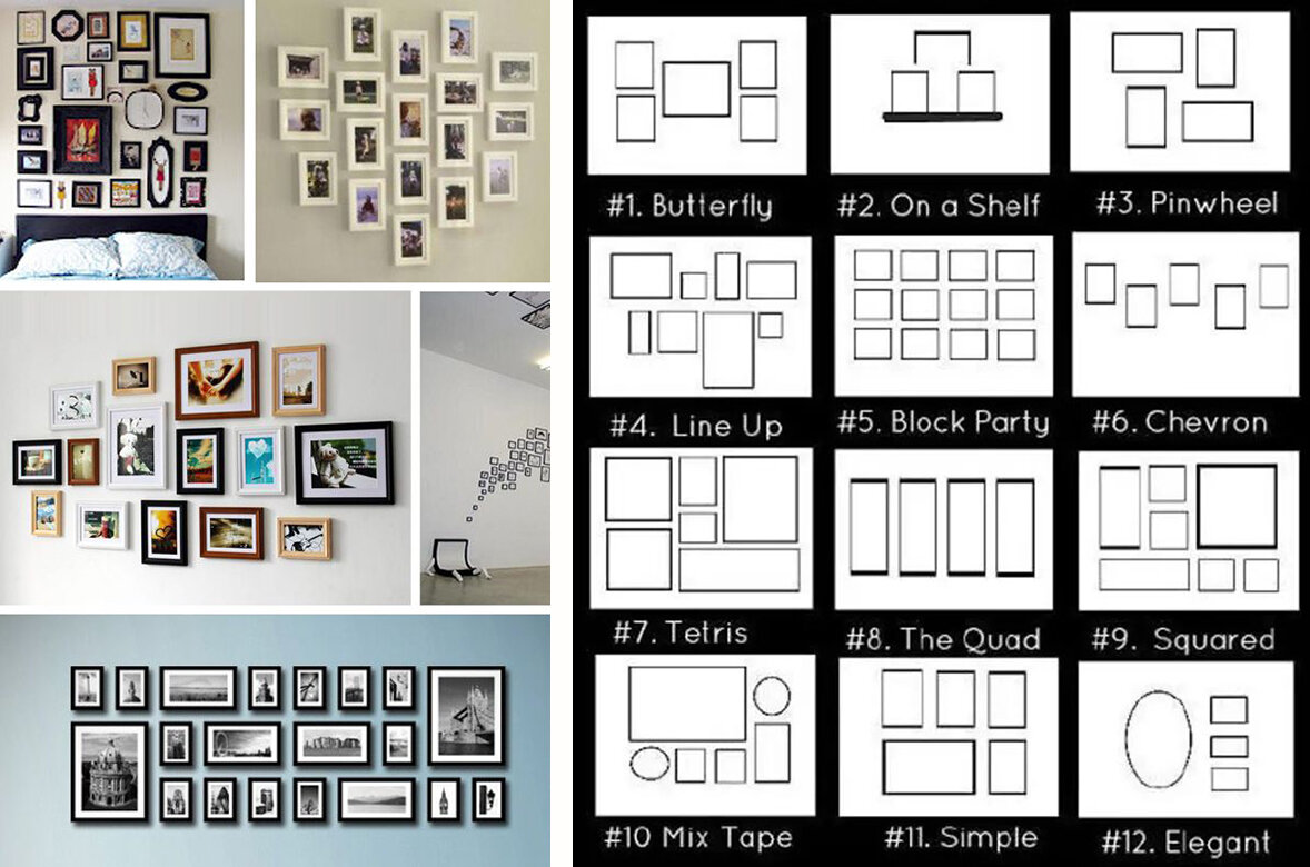 Как разместить картины на стене разных размеров фото
