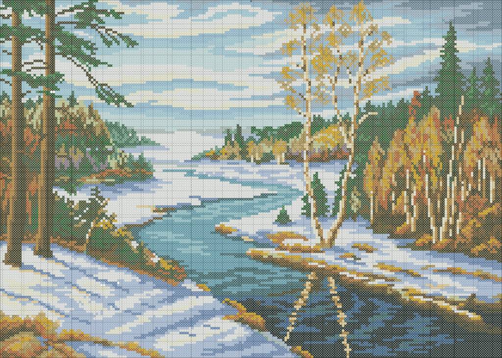 вышивка бисером зимний пейзаж: схема вышивания новогодней сказки, полная зашивка картины природы или море и маяка больших размеров