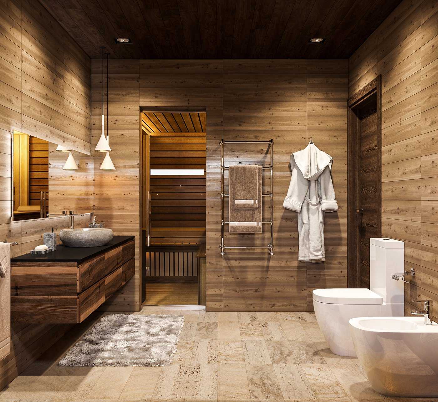 деревянный пол в интерьере ванной