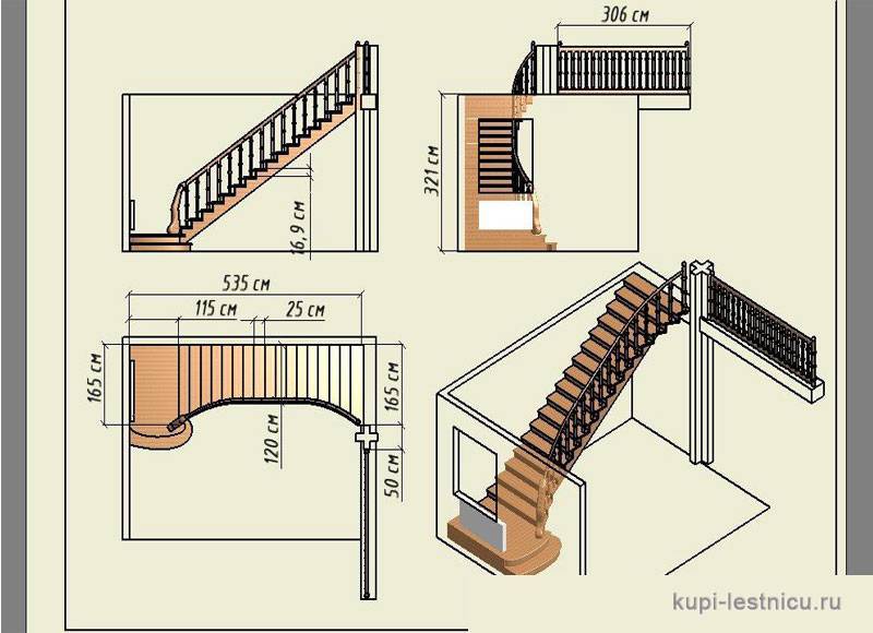 Расчет трехмаршевой лестницы на 180° с площадками
