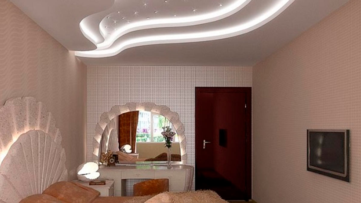 Фигурный потолок из гипсокартона для гостиной комнаты фото