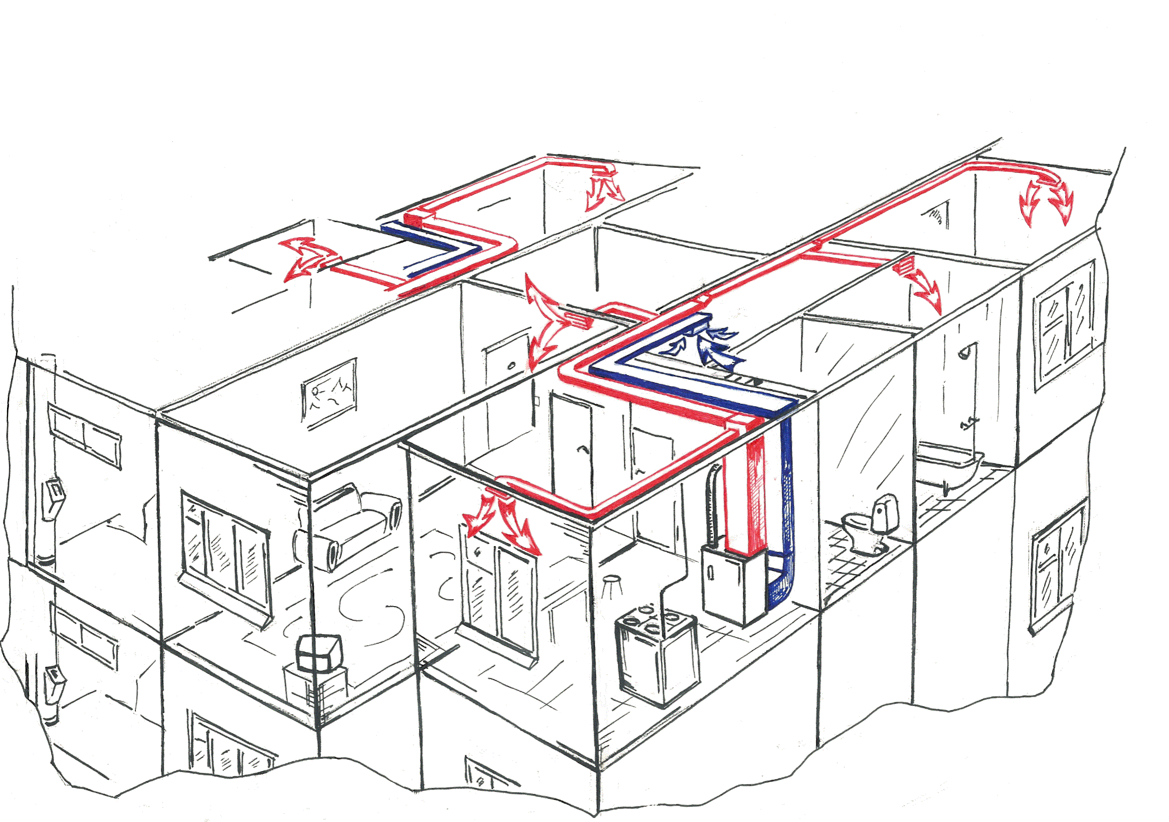 Воздух в системе отопления частного дома. Система приточно-вытяжной вентиляции в многоквартирном доме. Система вентиляции в панельных хрущевках схема. Система отопления вентиляции схема МКД. Система вытяжной вентиляции в МКД.
