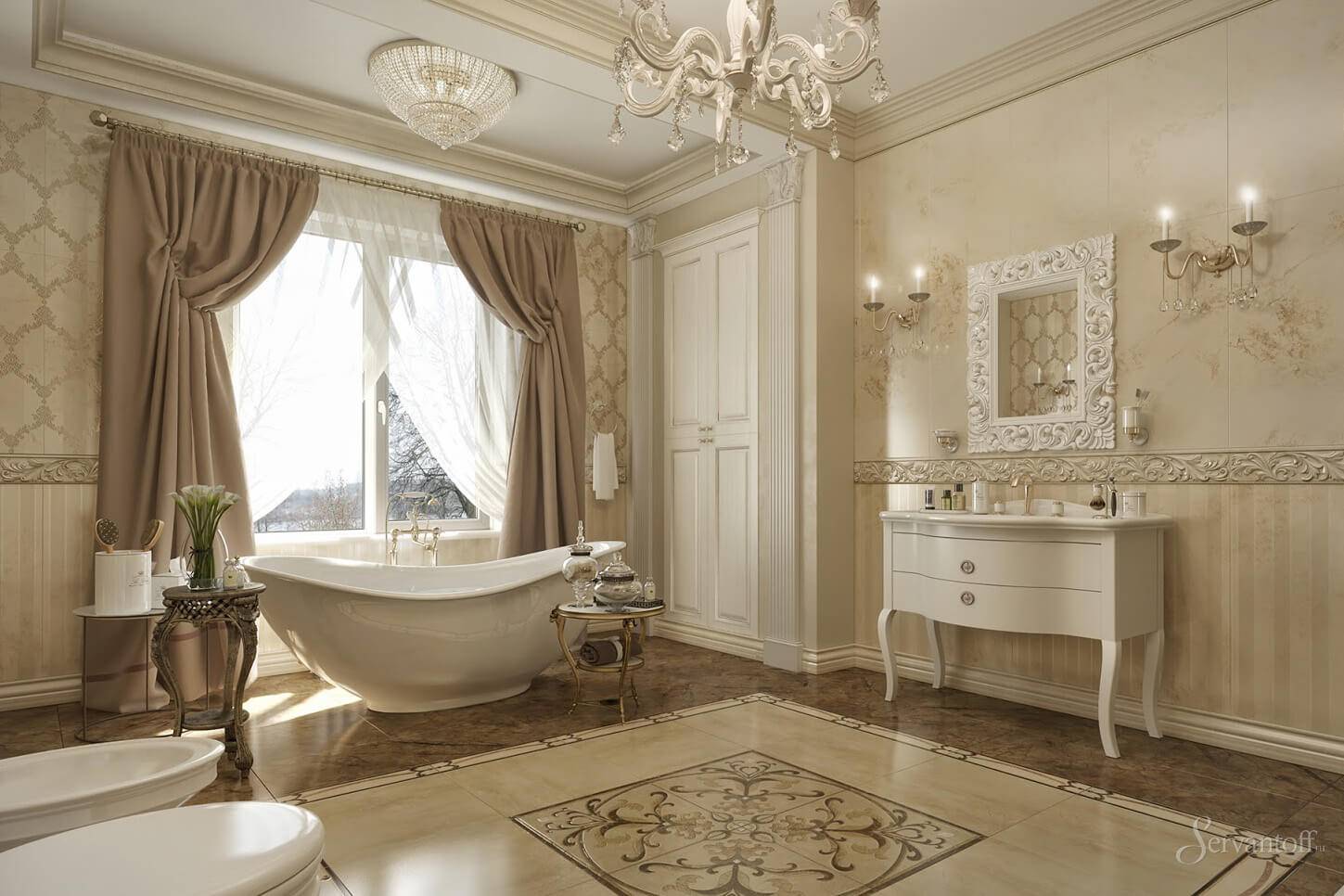 ванная комната в классическом стиле в бежевых тонах