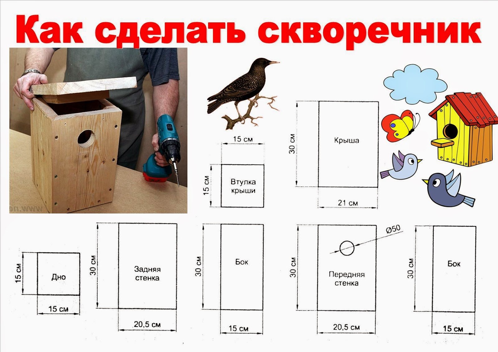 Как построить скворечник своими руками размеры чертежи фото