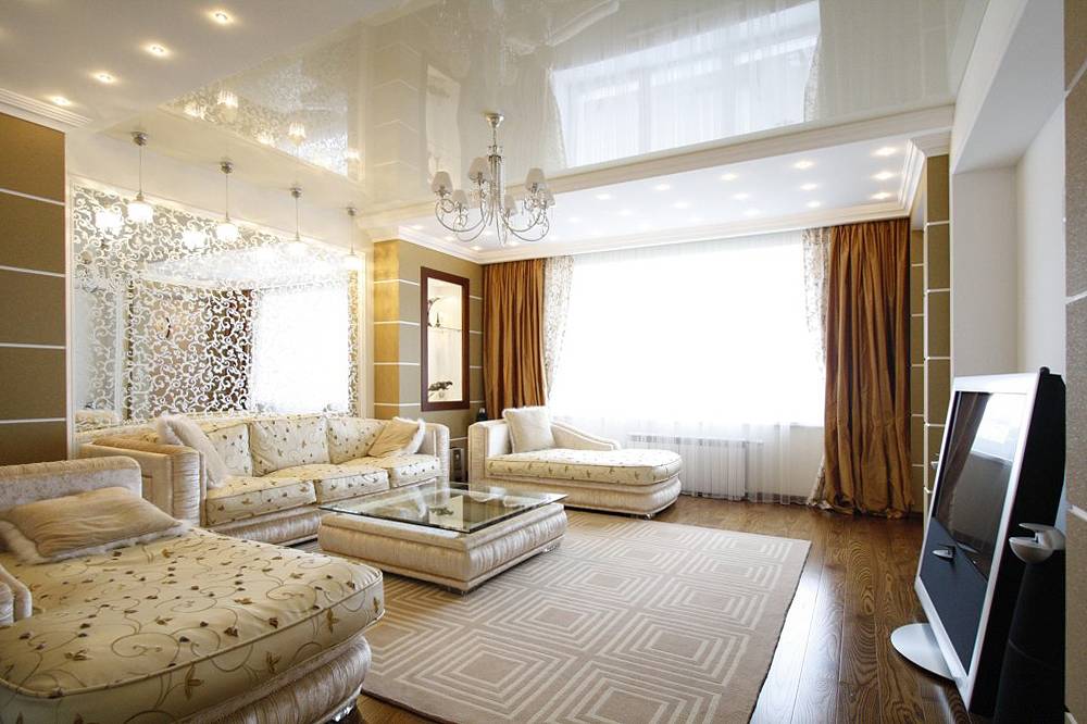 Гостиная в золотых тонах - элегантный дизайн гостиной золотого цвета (60 фото)